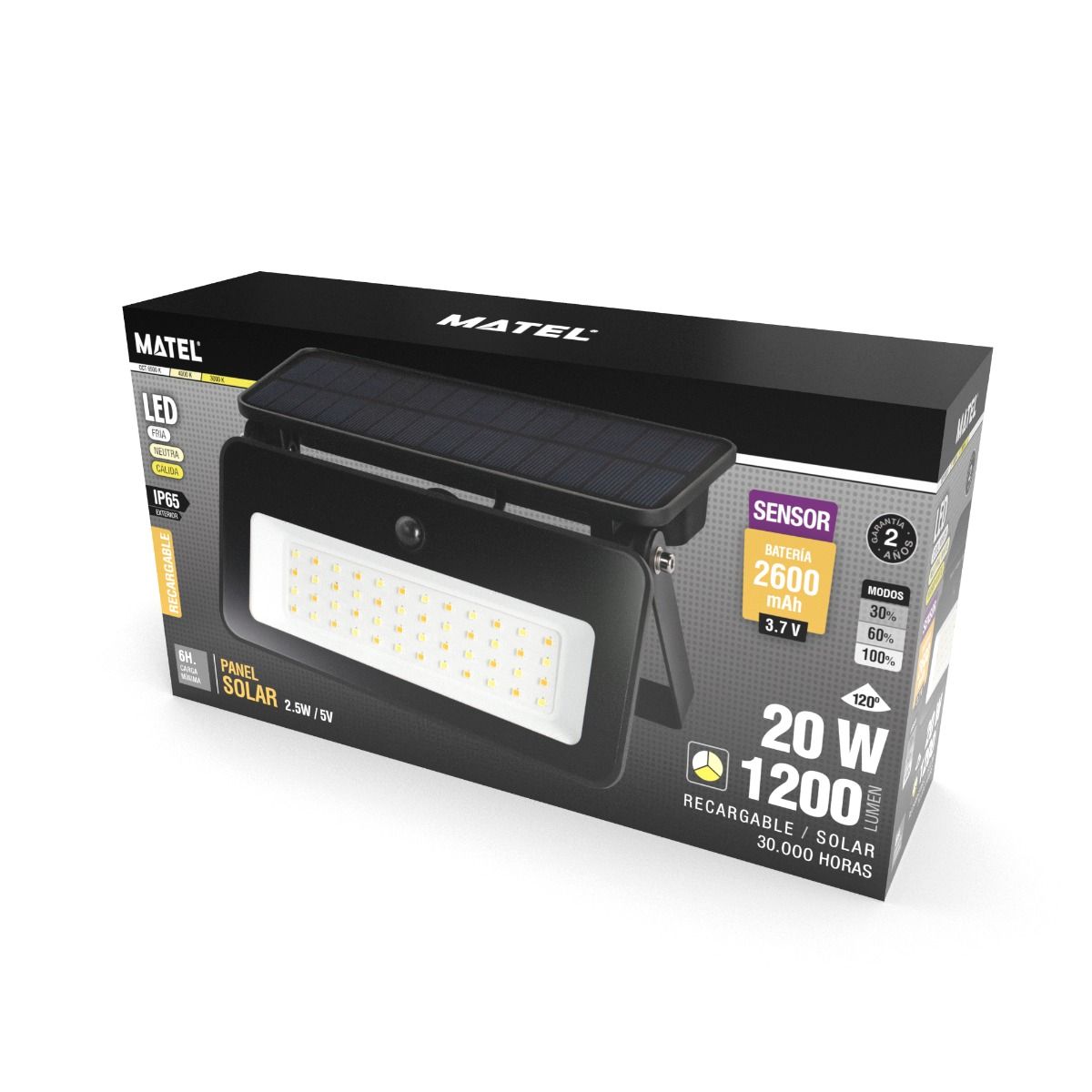 Proyector LED Solar 20W CCT IP65 con Sensor de Movimiento
